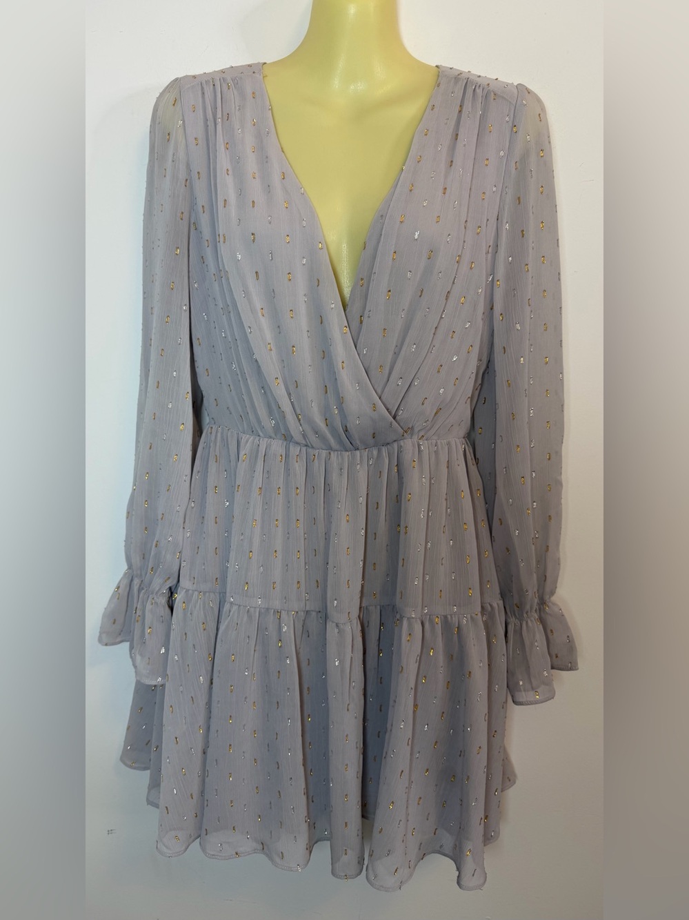 DO + BE Silver-Gray Long Sleeve Wrap Dress with Metallic Dot Accents